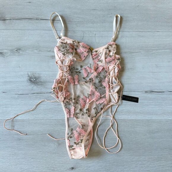 Love is A Drug Lace Bodysuit  One Piece Lingerie See Through Bodysuit Deep V Nwt - Picture 3 of 6